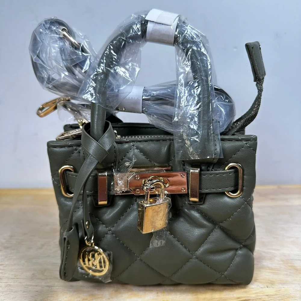 Badgley Mischka Mini Satchel Tote Olive Green Quilted Crossbody Handbag Lock NWT